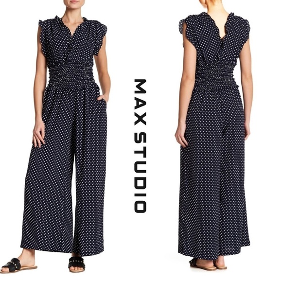 ✨NEW!✨ MAX STUDIO Women's Blue V-neck Polka Dot Shirred Waist Jumpsuit - XS - Picture 1 of 10